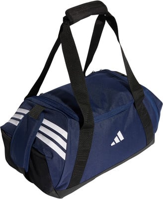 Dunkelblaue Adidas Sporttasche mit weißen Streifen und Logo.