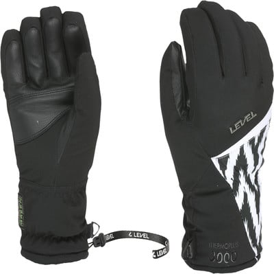 Schwarze Level Skihandschuhe mit weißem Muster und Riemen. Schwarze Level Skihandschuhe mit weißem Muster und Riemen.