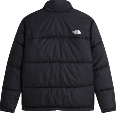 Schwarze Daunenjacke von The North Face mit weißem Logo auf der Brust. Schwarze Daunenjacke von The North Face mit weißem Logo auf der Brust.