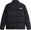 Schwarze Daunenjacke von The North Face mit weißem Logo auf der Brust.
