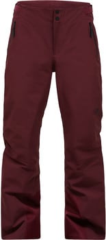 Dunkelweinrote Outdoor-Hose mit schwarzen Reißverschlüssen und Logo.