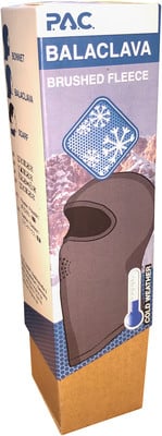 Kartonverpackung für eine Sturmhaube mit Produktabbildung. Kartonverpackung für eine Sturmhaube mit Produktabbildung.