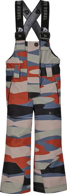 Kinder-Latzhose mit Camouflage-Muster und schwarzen Trägern.