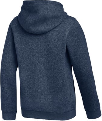Rückansicht eines dunkelblauen Hoodies mit langen Ärmeln.