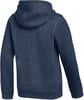 Rückansicht eines dunkelblauen Hoodies mit langen Ärmeln.
