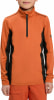 Orange Jacke für Jungen mit Reißverschluss am Kragen und schwarzen Seitenpaneelen.
