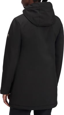 Schwarze Herrenparka mit Kapuze und Logo auf dem Ärmel. Schwarze Herrenparka mit Kapuze und Logo auf dem Ärmel.