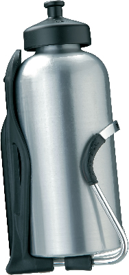 Eine silberne Wasserflasche mit schwarzem Deckel und Halterung. Eine silberne Wasserflasche mit schwarzem Deckel und Halterung.