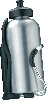 Eine silberne Wasserflasche mit schwarzem Deckel und Halterung.