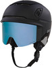 Schwarzer Oakley Skihelm mit blauem Visier und verstellbarem Riemen.