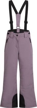 Damen-Skihose mit Latz in Lavendelfarbe mit schwarzen Hosenträgern.