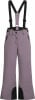 Damen-Skihose mit Latz in Lavendelfarbe mit schwarzen Hosenträgern.