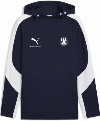 Marineblaue Kapuzenpullover mit weißen Streifen an den Ärmeln.