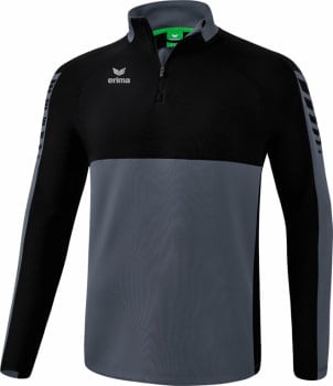 Schwarzer Pullover mit grauem Unterteil und Erima-Logo auf der Brust.