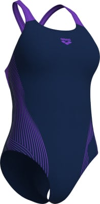 Dunkelblaue Arena-Badeanzug für Damen mit lila Streifen und Logo. Dunkelblaue Arena-Badeanzug für Damen mit lila Streifen und Logo.