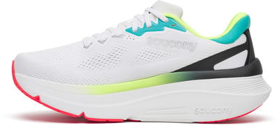 Ein weißer Saucony-Laufschuh mit farbigen Akzenten und Markenlogo. Ein weißer Saucony-Laufschuh mit farbigen Akzenten und Markenlogo.