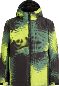 Grüne und schwarze Jacke mit Kapuze und digitalem Print.