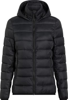 Schwarze Daunenjacke mit Kapuze und Reißverschluss.