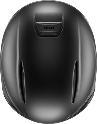 Schwarzer Helm mit Uvex-Logo oben und seitlichen Lüftungsschlitzen. Schwarzer Helm mit Uvex-Logo oben und seitlichen Lüftungsschlitzen.