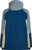 Rückansicht einer blauen Jacke mit beige- und grauen Einsätzen und Kapuze.