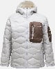 Graue Daunenjacke mit brauner Brusttasche und Kapuze.