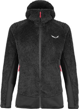 Schwarze Fleecejacke mit Reißverschluss und Kapuze mit Salewa-Logo.