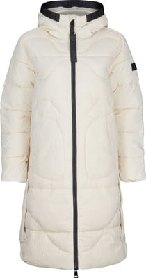 Lange Damen-Daunenjacke in Cremefarbe mit Reißverschluss. Lange Damen-Daunenjacke in Cremefarbe mit Reißverschluss.