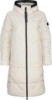 Lange Damen-Daunenjacke in Cremefarbe mit Reißverschluss.