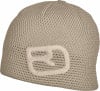 Eine beige Strickmütze mit Markenlogo, geeignet für Outdoor-Aktivitäten.