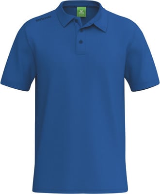 Ein blaues Poloshirt mit kurzen Ärmeln und dem Erima-Logo auf der linken Schulter. Ein blaues Poloshirt mit kurzen Ärmeln und dem Erima-Logo auf der linken Schulter.