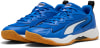 Blaue Puma-Sneaker mit weißem Streifen und Gummisohle.
