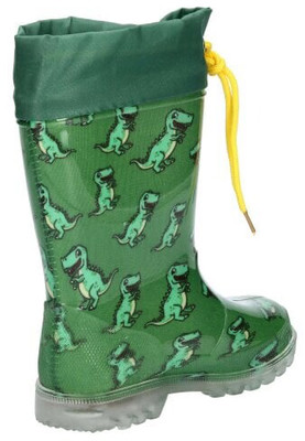 Grüne Gummistiefel mit Dino-Aufdruck und gelbem Kordelzug. Grüne Gummistiefel mit Dino-Aufdruck und gelbem Kordelzug.