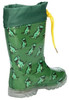 Grüne Gummistiefel mit Dino-Aufdruck und gelbem Kordelzug.
