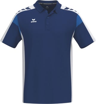 Marineblaues Poloshirt mit weißen und blauen Details an den Schultern.
