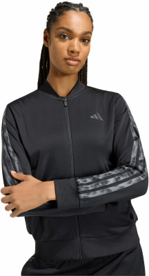 Schwarze Adidas Jacke für Damen mit Streifen an den Ärmeln und Logo. Schwarze Adidas Jacke für Damen mit Streifen an den Ärmeln und Logo.