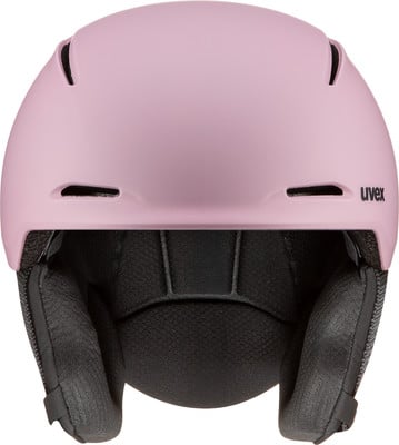 Ein rosafarbener Skihelm von Uvex mit schwarzer Polsterung und Lüftungsschlitzen. Ein rosafarbener Skihelm von Uvex mit schwarzer Polsterung und Lüftungsschlitzen.