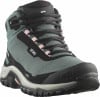 Ein graugrüner Damen-Wanderschuh von Salomon mit schwarzen Schnürsenkeln und rosa Akzenten.