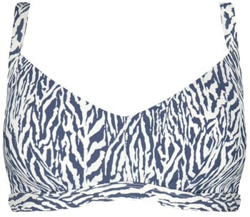 Damen-Bikini-Top mit blau-weißem Zebra-Muster.