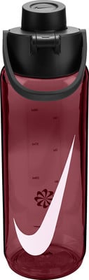 Rote Nike-Wasserflasche mit weißem Swoosh-Logo und schwarzem Deckel.