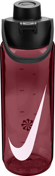 Rote Nike-Wasserflasche mit weißem Swoosh-Logo und schwarzem Deckel.