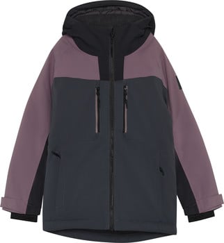 Skijacke mit Kapuze, kombiniert Dunkelgrau, Lila und Schwarz.