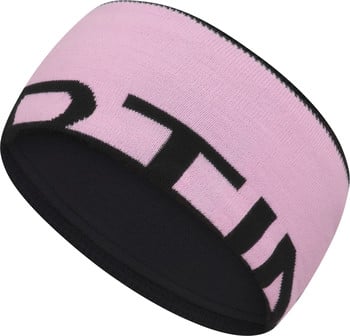 Ein rosafarbener Stirnband mit schwarzem Logo ist innen schwarz und gestrickt.