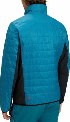 Blaue Steppjacke mit schwarzen Einsätzen und rotem Logo auf dem Rücken. Blaue Steppjacke mit schwarzen Einsätzen und rotem Logo auf dem Rücken.