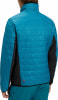 Blaue Steppjacke mit schwarzen Einsätzen und rotem Logo auf dem Rücken.
