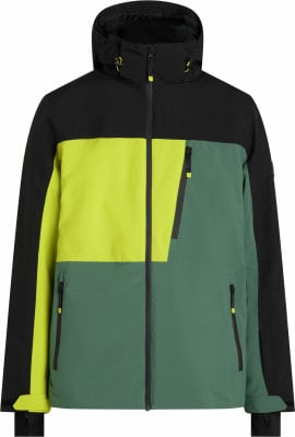 Eine schwarz-gelb-grüne Skijacke mit Kapuze und mehreren Reißverschlüssen. Eine schwarz-gelb-grüne Skijacke mit Kapuze und mehreren Reißverschlüssen.
