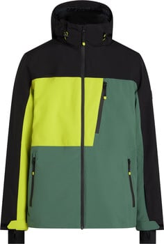 Eine schwarz-gelb-grüne Skijacke mit Kapuze und mehreren Reißverschlüssen.