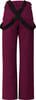 Lila Hose mit schwarzen Hosenträgern und Gesäßtaschen.
