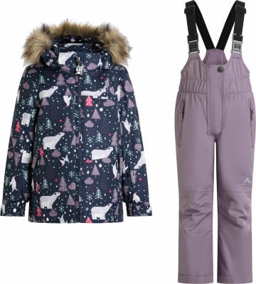 Kinder-Winterjacke mit Eisbärenmotiv und Skihose mit Hosenträgern.