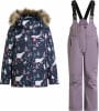 Kinder-Winterjacke mit Eisbärenmotiv und Skihose mit Hosenträgern.