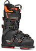Schwarzer Tecnica Skischuh mit orangefarbenen Details und Schnallen.